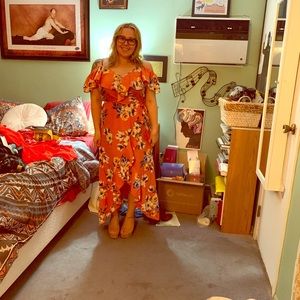 Floral, open shoulder maxi dress